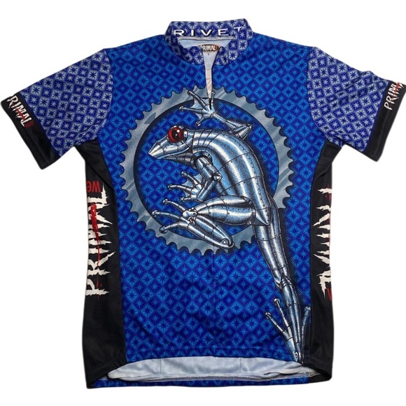PRIMAL WEAR MENS BLUE METALLIC FROG GRAPHIC ZIP CLOSURE CYCLING BIKING JERSEY LG - Picture 1 of 8